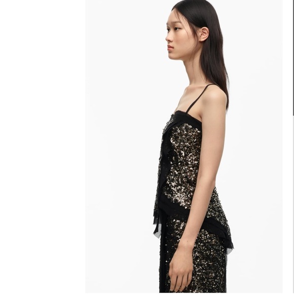 ZARA Limited Edition SEQUIN Chiffon Trimmed Black TOP sz.XS - Picture 6 of 16